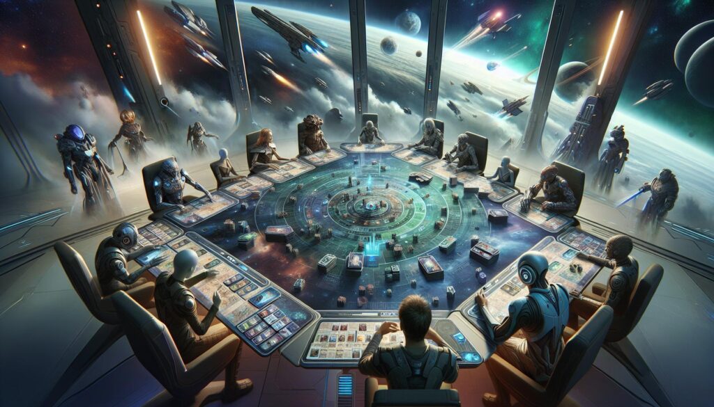 An image of a spaceship with people sitting around a table.