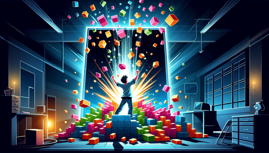 A master standing in front of a room full of colorful cubes, ready to unleash a Block Blast.