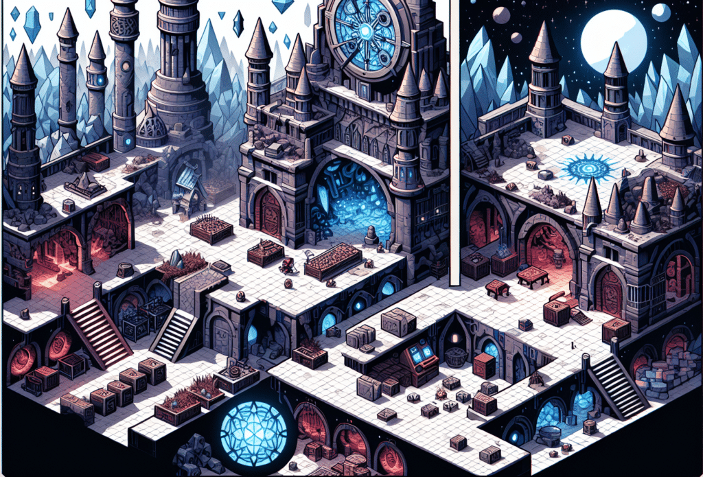 A pixel art illustration of a castle with snow and ice, evoking the mysterious allure of Elemental Dungeons.