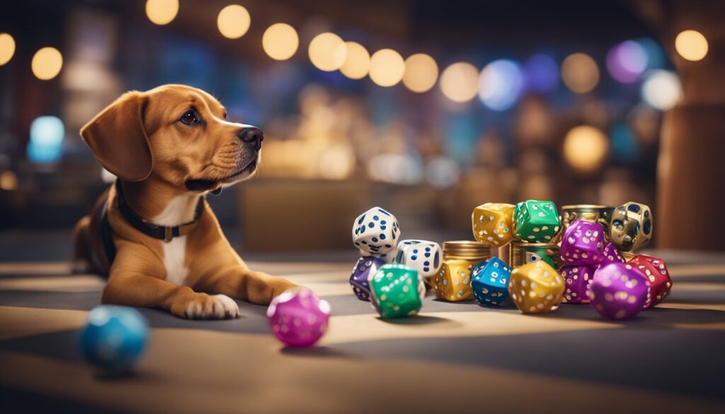 DOg laying looking at a pile of dice from Pet Master