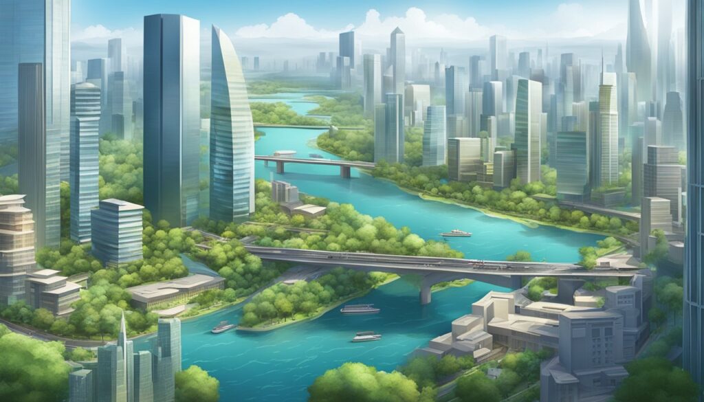 An illustration of a New City-Builder with trees and a river, set in a futuristic city.