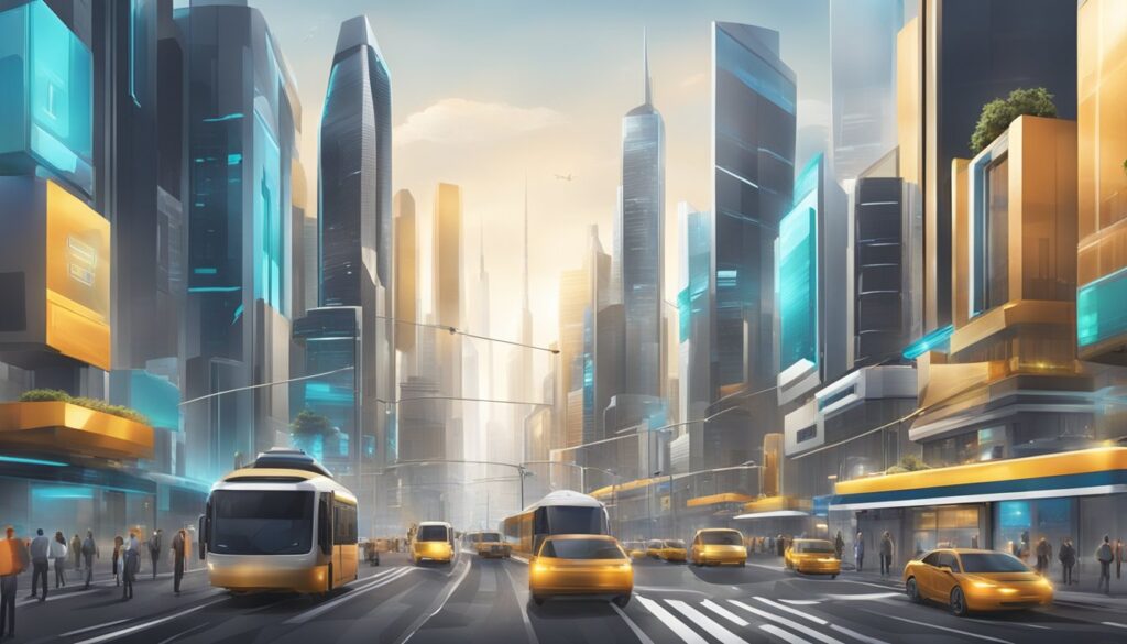 A futuristic city with customised adventure and new city-builder mechanics, featuring cars and buses on the street.