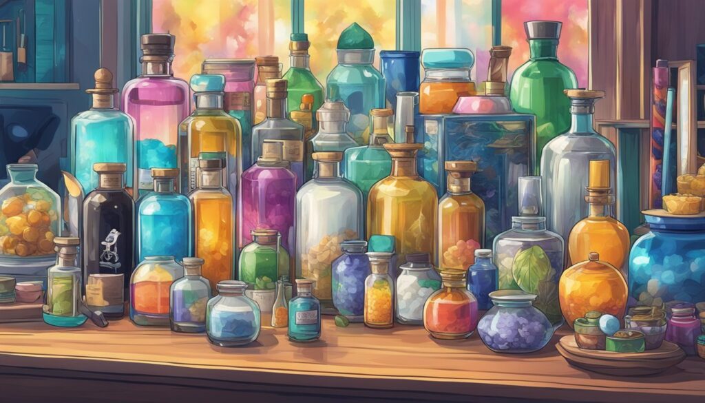 An anime-inspired painting of multiple bottles and accessories arranged on a table in front of a window, capturing the ethereal spirits within.