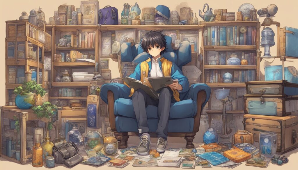 A boy is surrounded by books in a chair, creating a cozy space for his anime obsession.
