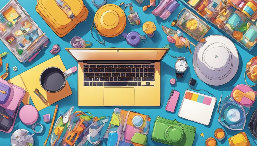 A laptop surrounded by Anime Spirits accessories on a blue background.