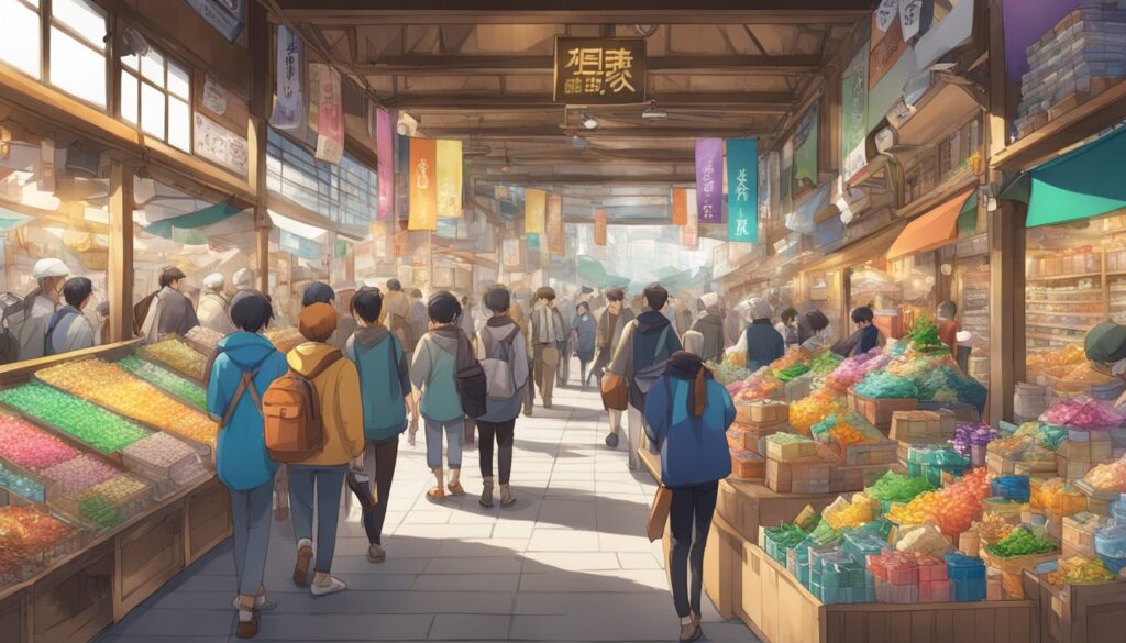 An illustration of an Asian market with people and anime fans walking around.