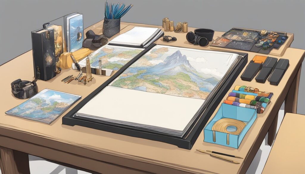 An illustration of a desk with various accessories on it.