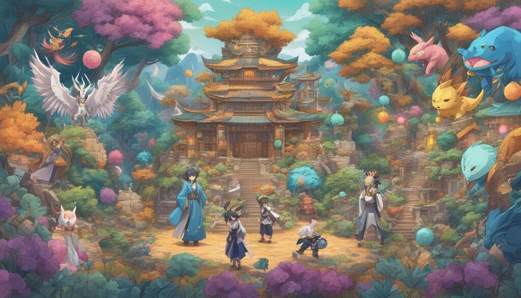 A group of anime spirits in front of a pagoda.