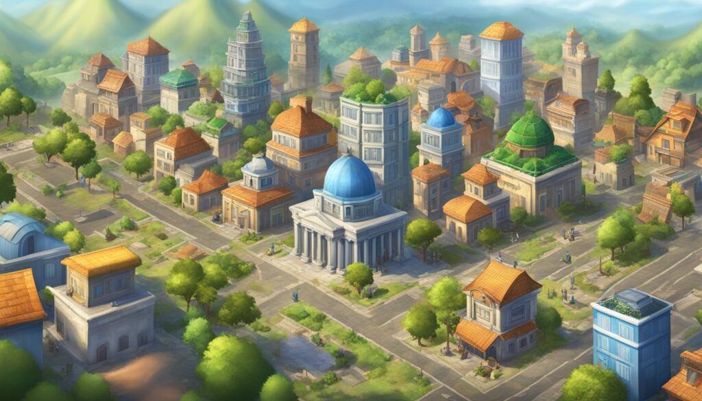 Adventure: An image of a city with trees and buildings, ready to be explored for exciting adventures.
City-Builder: An image showcasing a city under construction, with trees and buildings being customized to create