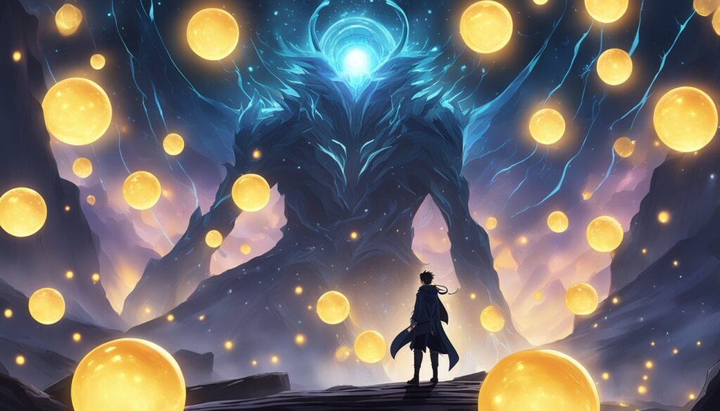 A man is standing in front of a large group of glowing balls, resembling ethereal spirits.