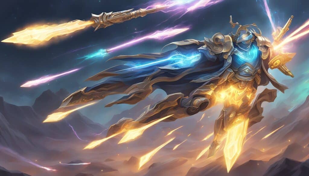 An image of a knight soaring through the air with legendary gear.