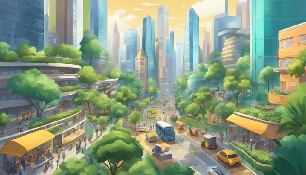 An illustration of a city with trees and buildings, featuring customised adventure.