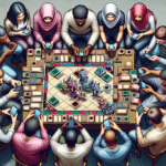A group of people engaged in a Yugioh-like board game.