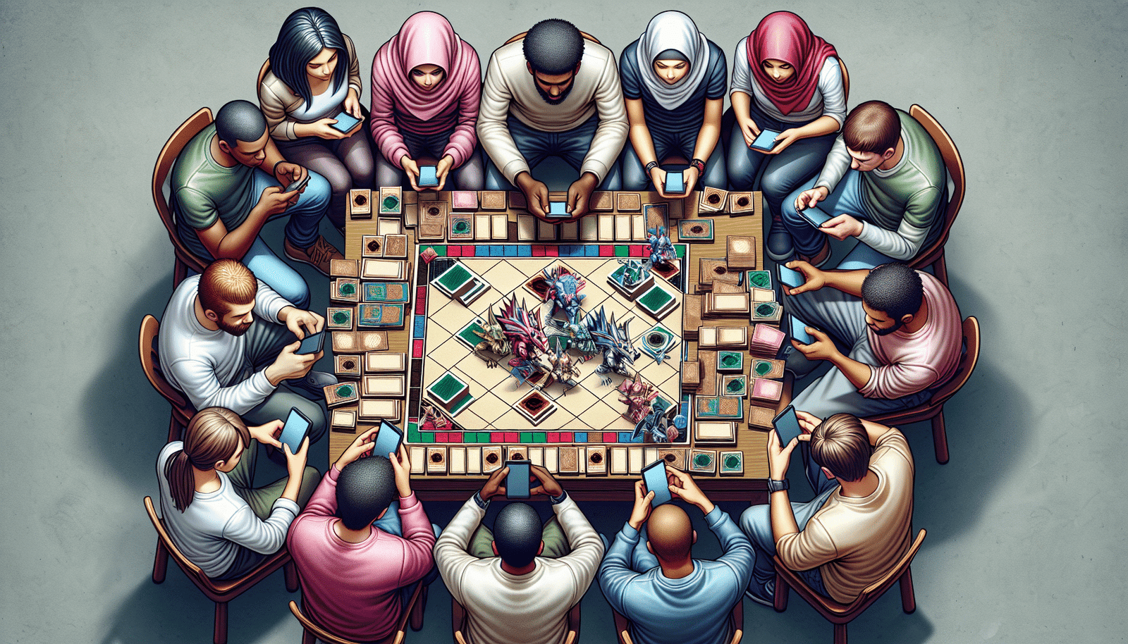 A group of people engaged in a Yugioh-like board game.