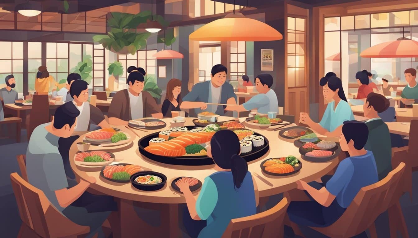 A group of people enjoying sushi for dinner at a restaurant