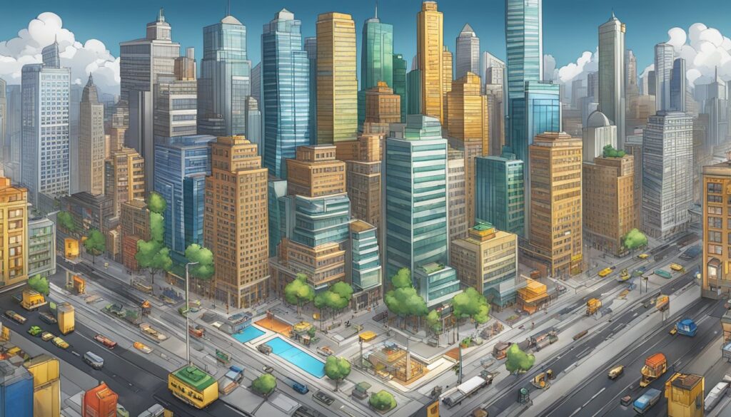 An illustration of a city with lots of buildings and cars, inspired by the Monopoly Go game's revenue.