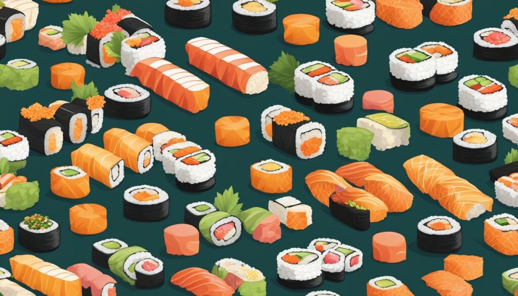 A seamless pattern of sushi on a dark background, perfect for dinner or sushi enthusiasts.