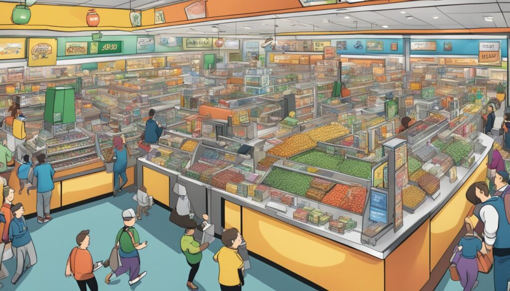An illustration of a crowded grocery store bustling with shoppers.