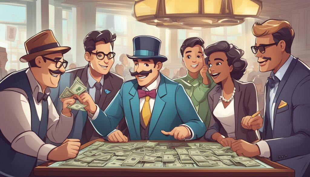 A group of people sitting around a table unveiling revenue in a game of Monopoly Go.
