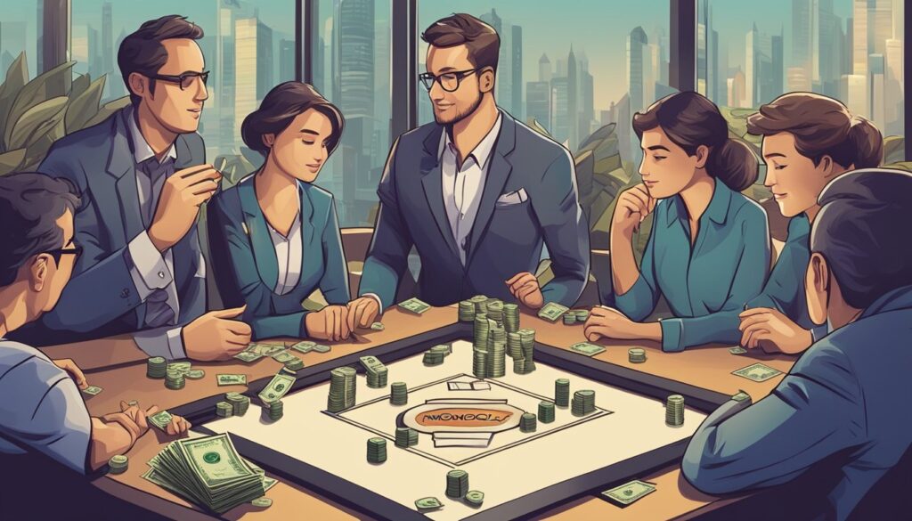 A group of business people engaging in a friendly game of mahjong, focusing on revenue generation.