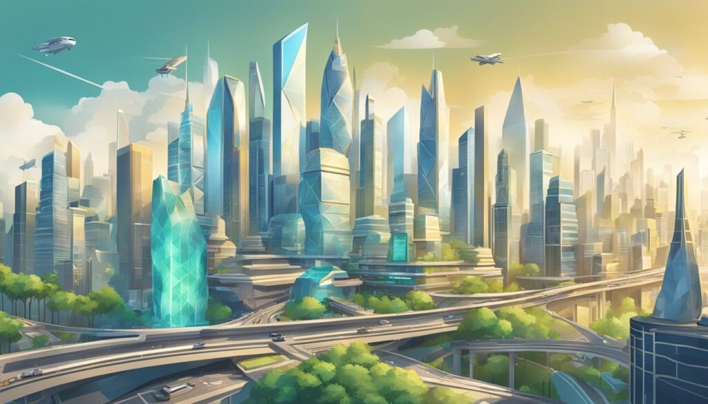 A futuristic city with a highway and skyscrapers, featuring the iconic Monopoly Go game's revenue system.