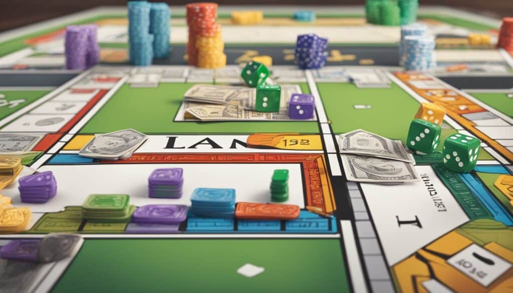 A Fast-Dealing Monopoly board with dice on it.
