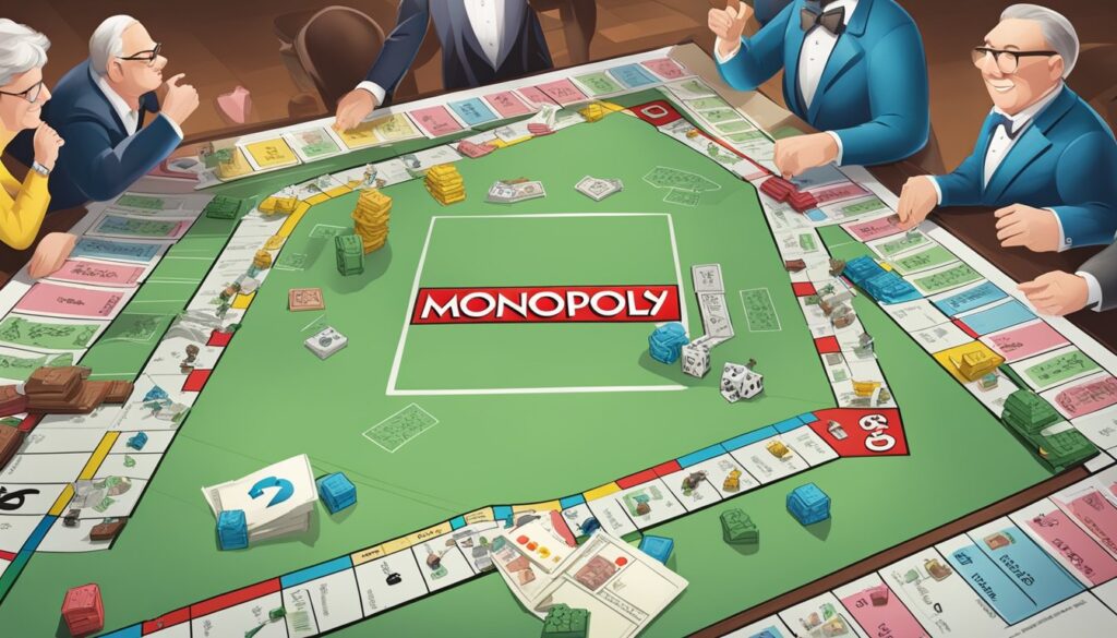 A group of people engaged in a lively game of Monopoly, the popular property trading game.