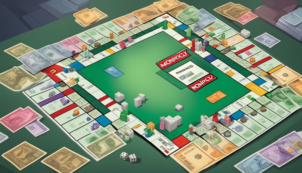 A game board for Monopoly, a property trading game, with money and dice.