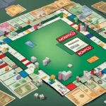A game board for Monopoly, a property trading game, with money and dice.