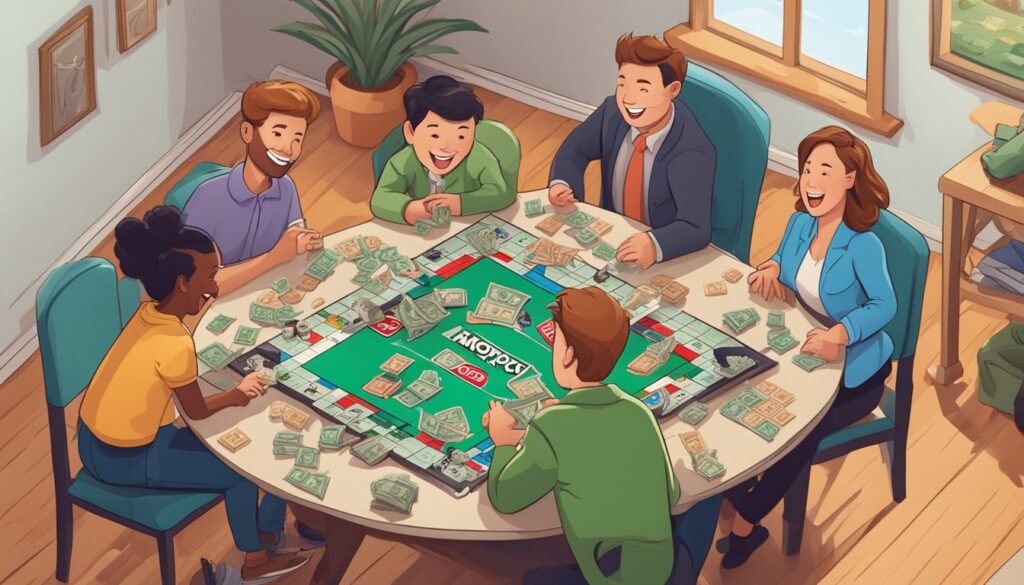Go with friends and play Monopoly, mastering the game night experience as a group of people sit around a table.