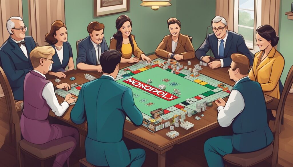 A group of people gathered around a table playing Monopoly, eagerly awaiting their turn to pass Go and collect their rewards.