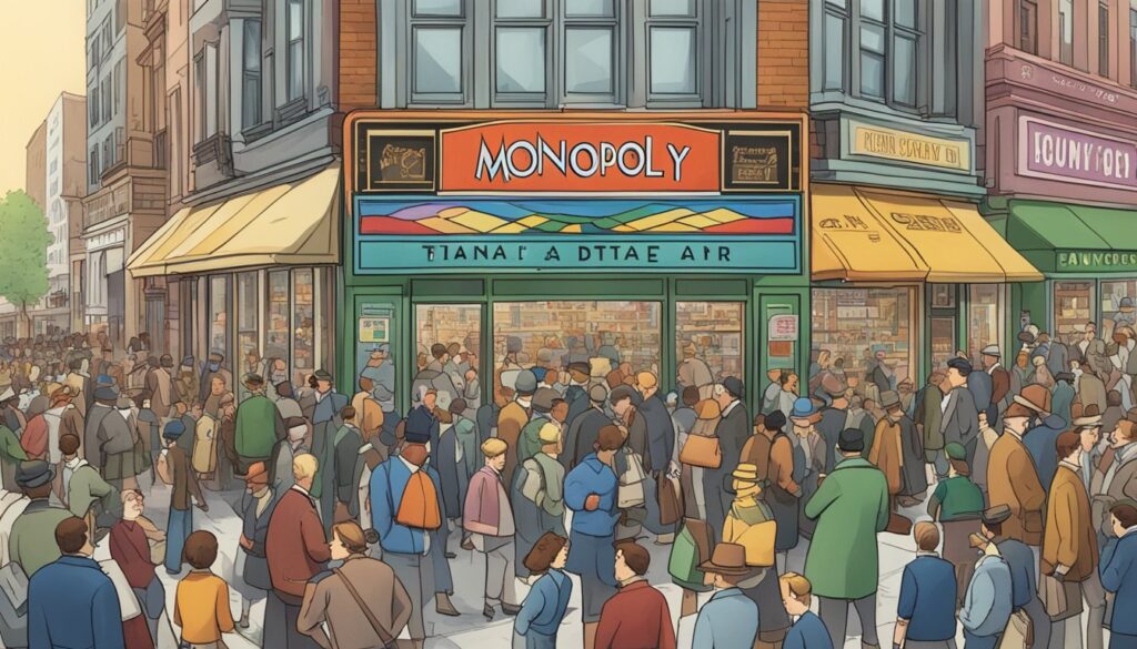 An illustration of a crowd of people in front of a store eagerly waiting for the release date of Monopoly.