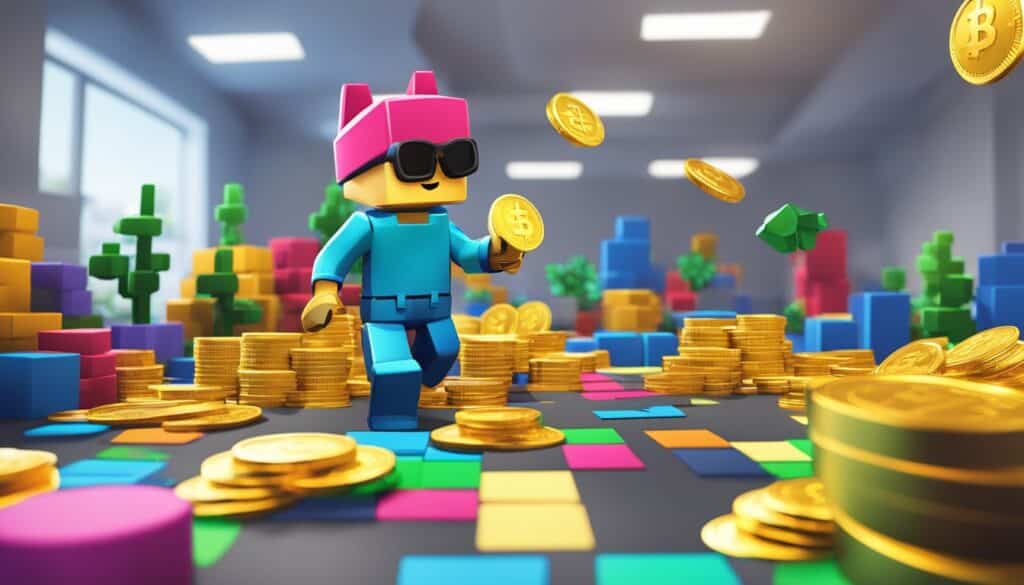 A Roblox toy figure with gold coins representing revenue streams.