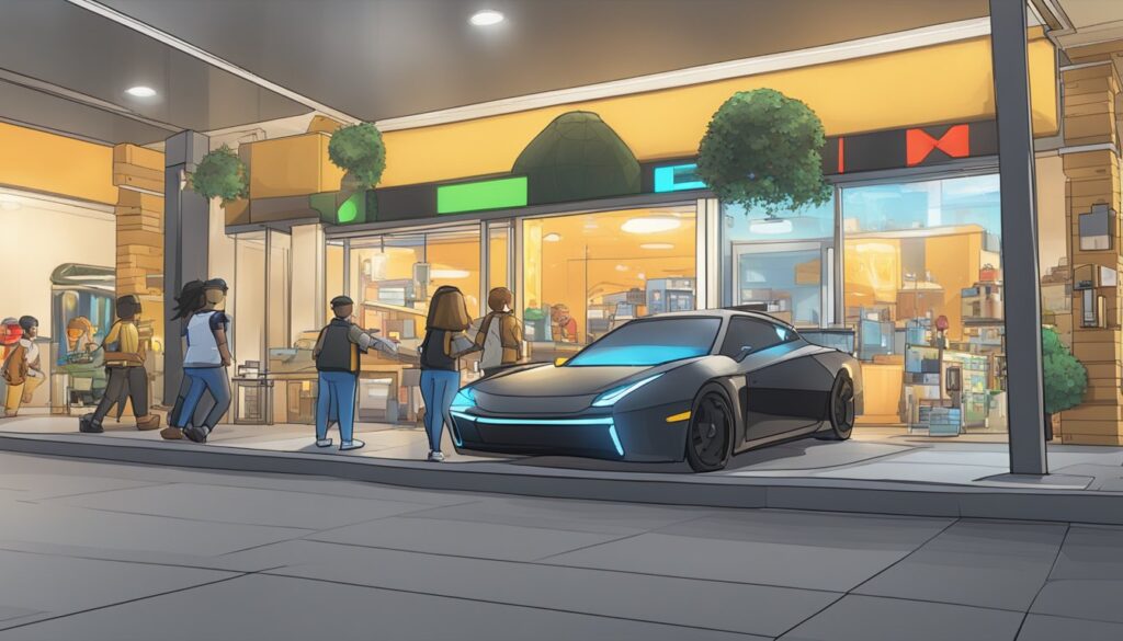 A drawing of a car parked in front of a store, symbolizing the potential revenue streams and financial prosperity associated with the car industry.