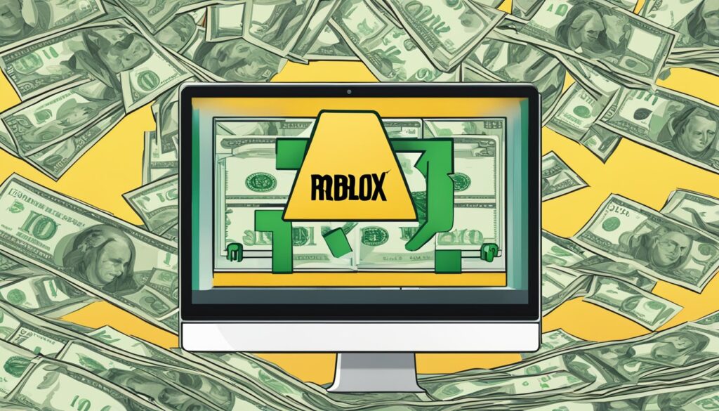 A computer screen with a red box in the middle of a pile of money, representing potential revenue streams in Roblox.