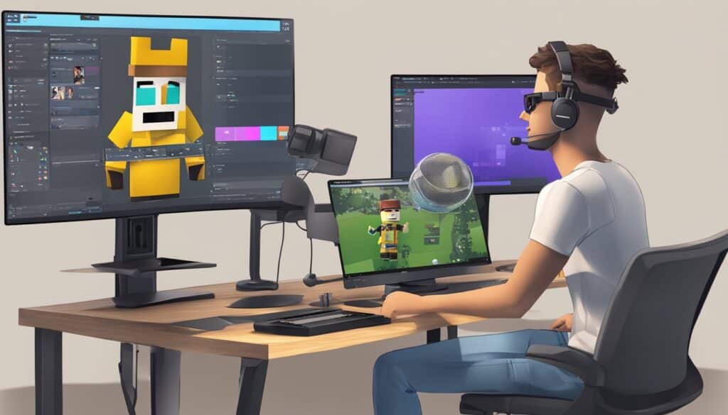 A man sitting at a desk with two monitors in front of him, exploring Roblox games and incorporating innovative gameplay features while utilizing face tracking technology.