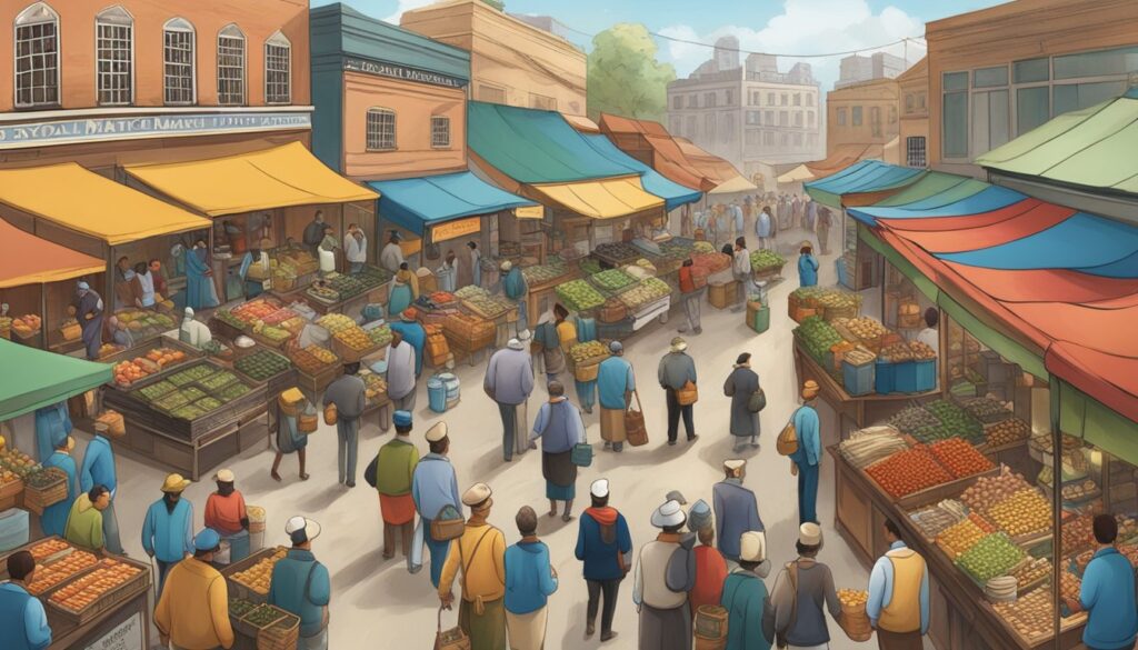 A market painting filled with bustling activity and people walking around, capturing the vibrant energy of a thriving community.