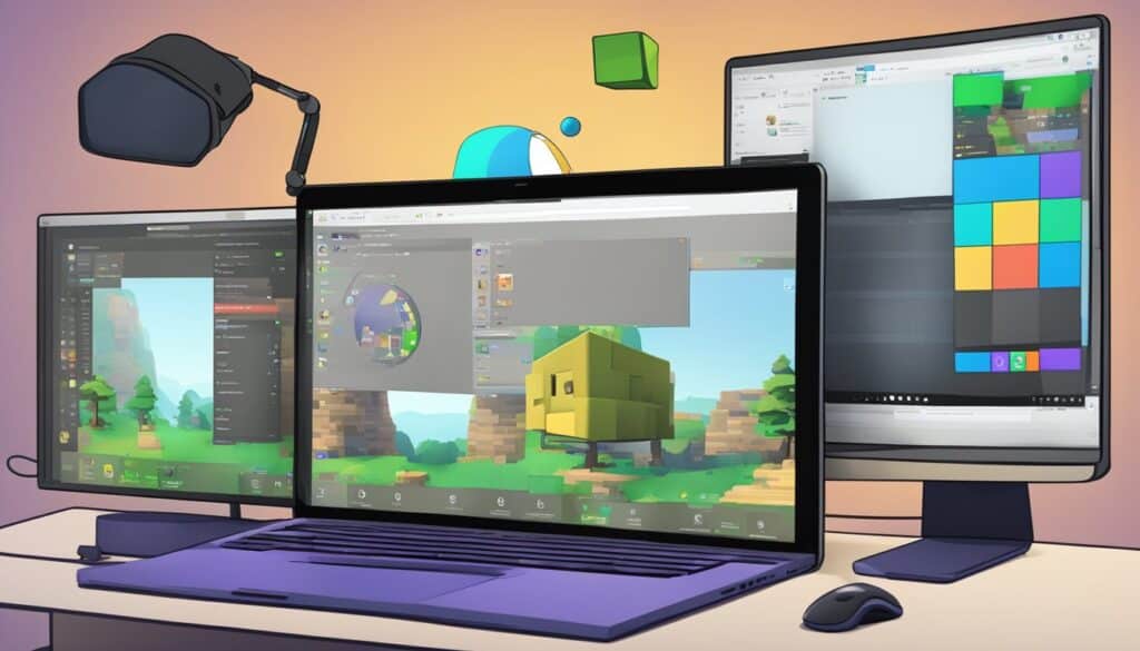 A laptop with innovative gameplay features and a computer screen prominently displaying Roblox Games.