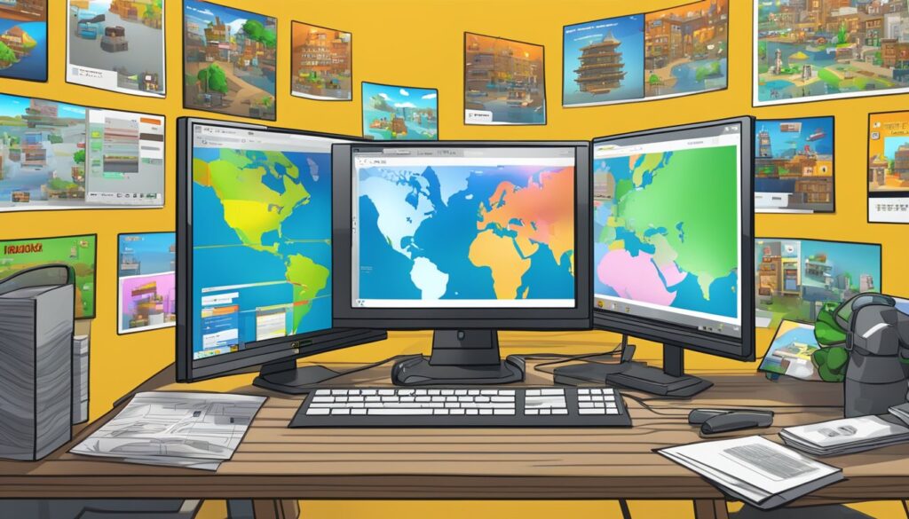 A computer desk with three monitors displaying Roblox games, and a map on the wall.