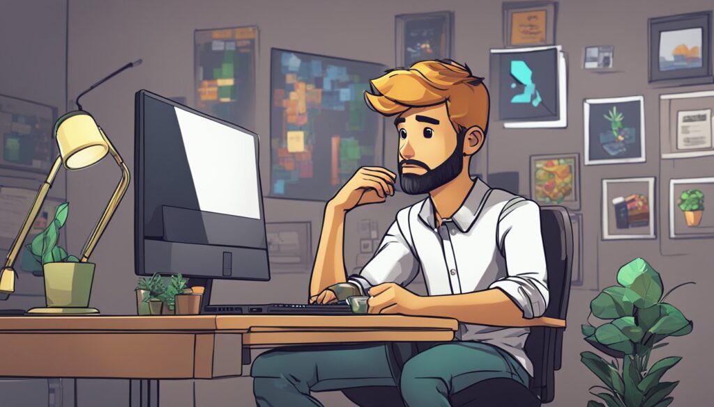A cartoon illustration of a man working at a desk in an adventurous Roblox game.