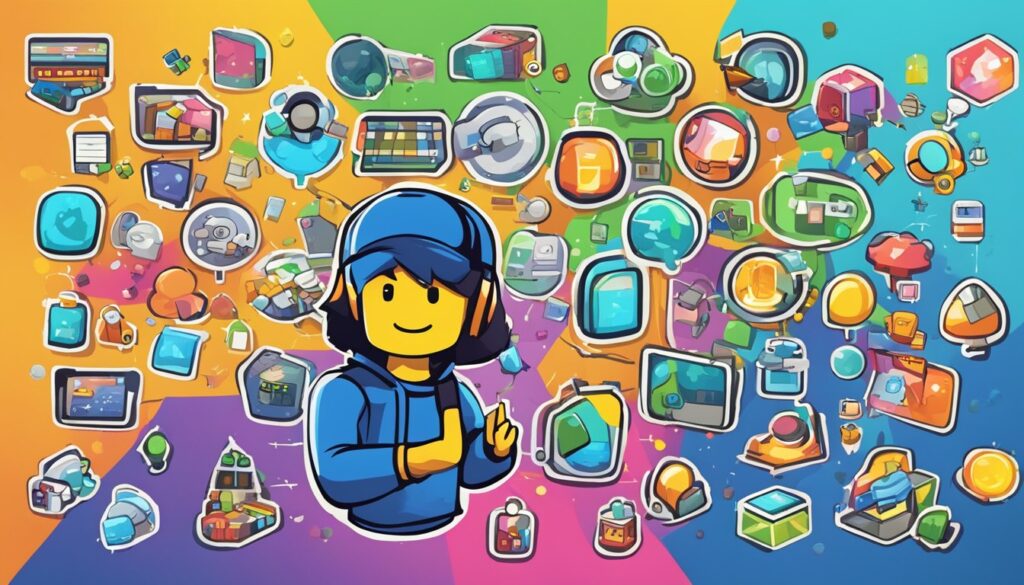 A man in a blue shirt is standing in front of a colorful ROBLOX background full of icons.