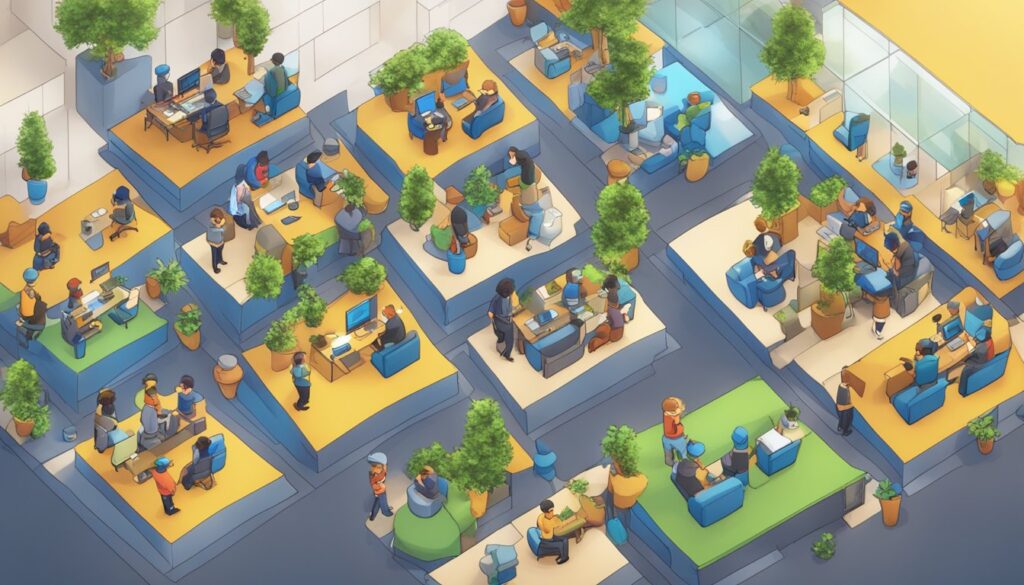 An isometric view of an office with people sitting at desks, working on their accounts.