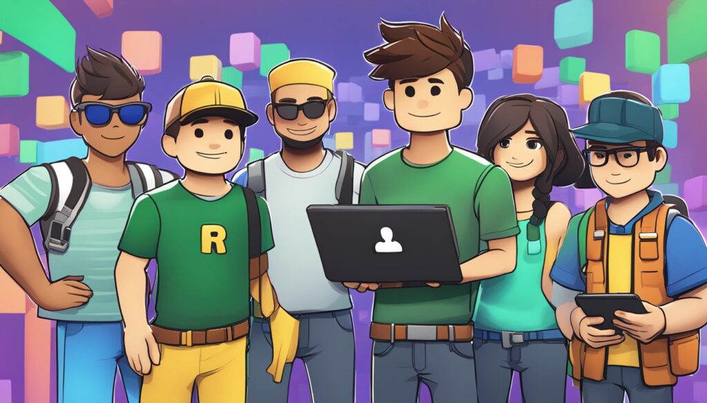 A group of people standing next to a laptop, playing Roblox together.