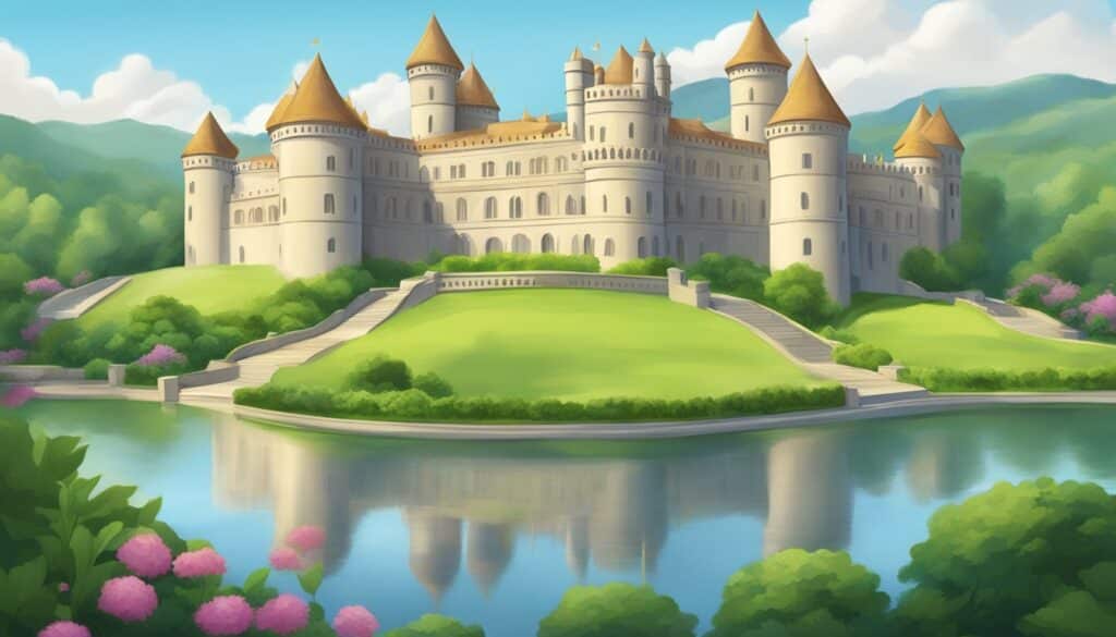 An illustration of a castle, owned by the company behind a popular game, standing proudly in the middle of a vibrant green field.