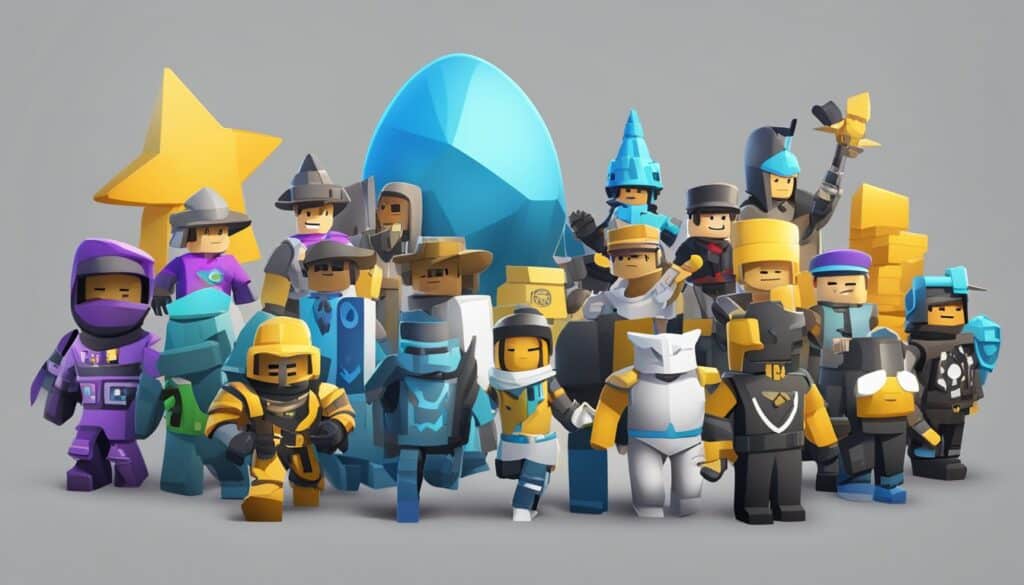 A group of toy characters in Roblox standing next to each other.