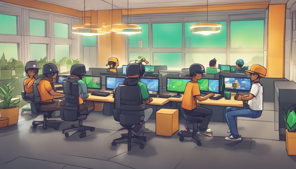 A group of people sitting at desks in a office, engaged in legitimate ways to earn Robux within Roblox games.