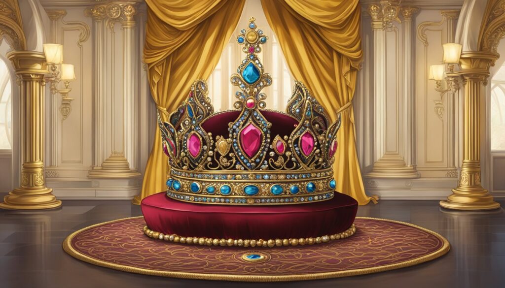 The royal unveiling of a king's crown in a regal room adorned with red curtains.