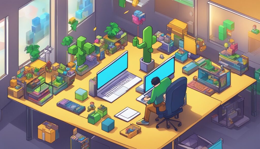 An isometric image of a person working at a desk while playing Roblox games and earning Robux through legitimate ways.