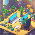An isometric image of a person working at a desk while playing Roblox games and earning Robux through legitimate ways.