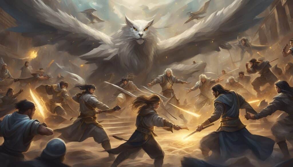 A complete group of people with swords, like in Mortal Kombat, with an eagle in the background.